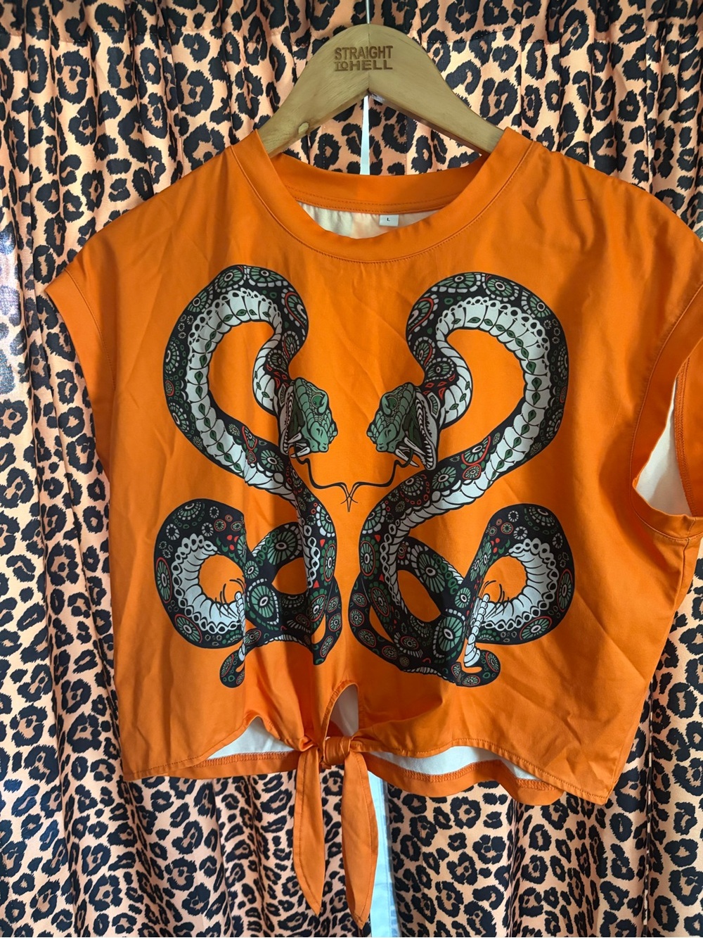 Women's Orange Snake-Graphic Tie-Front Crop Top